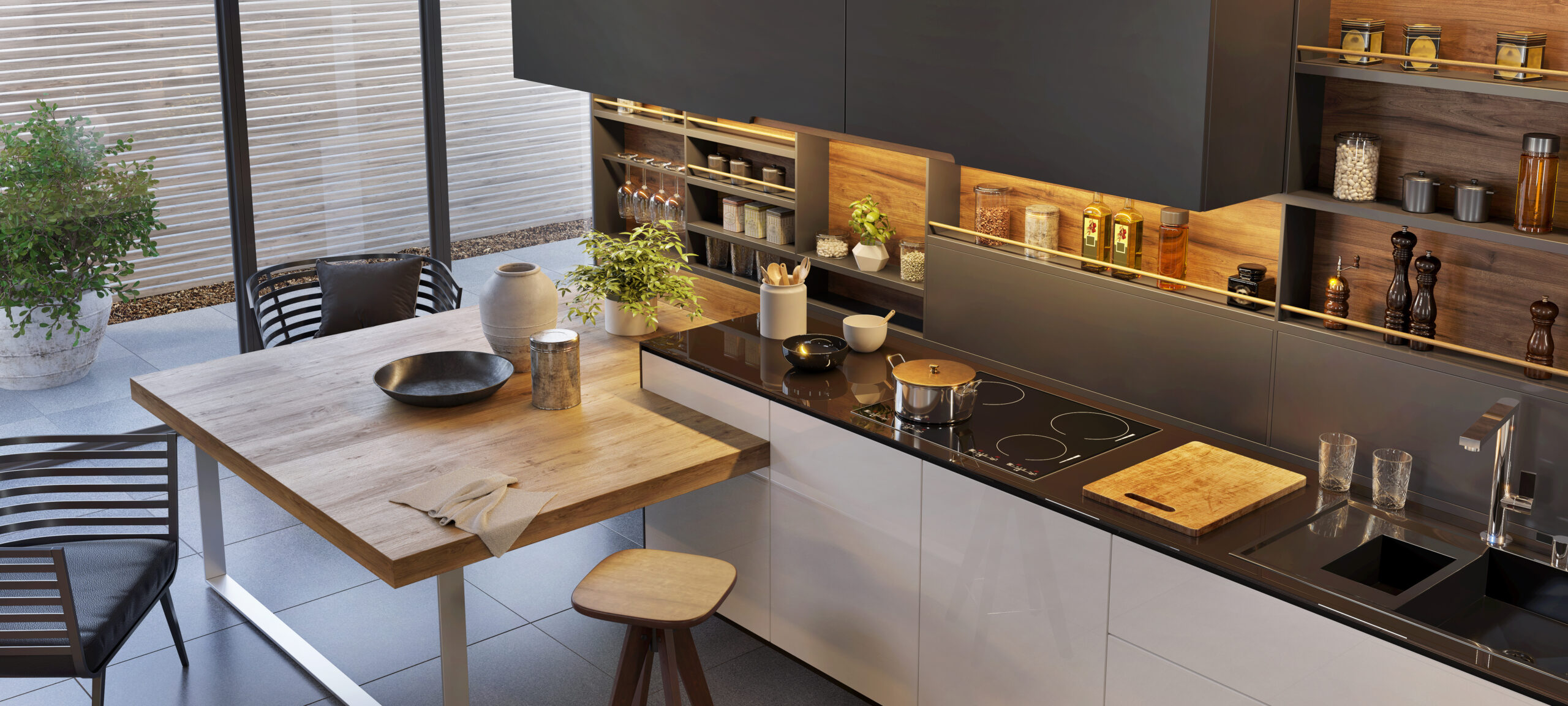 Modern kitchen with wooden dining table, sleek white cabinets, black cooktop, and warm ambient lighting by Simone.