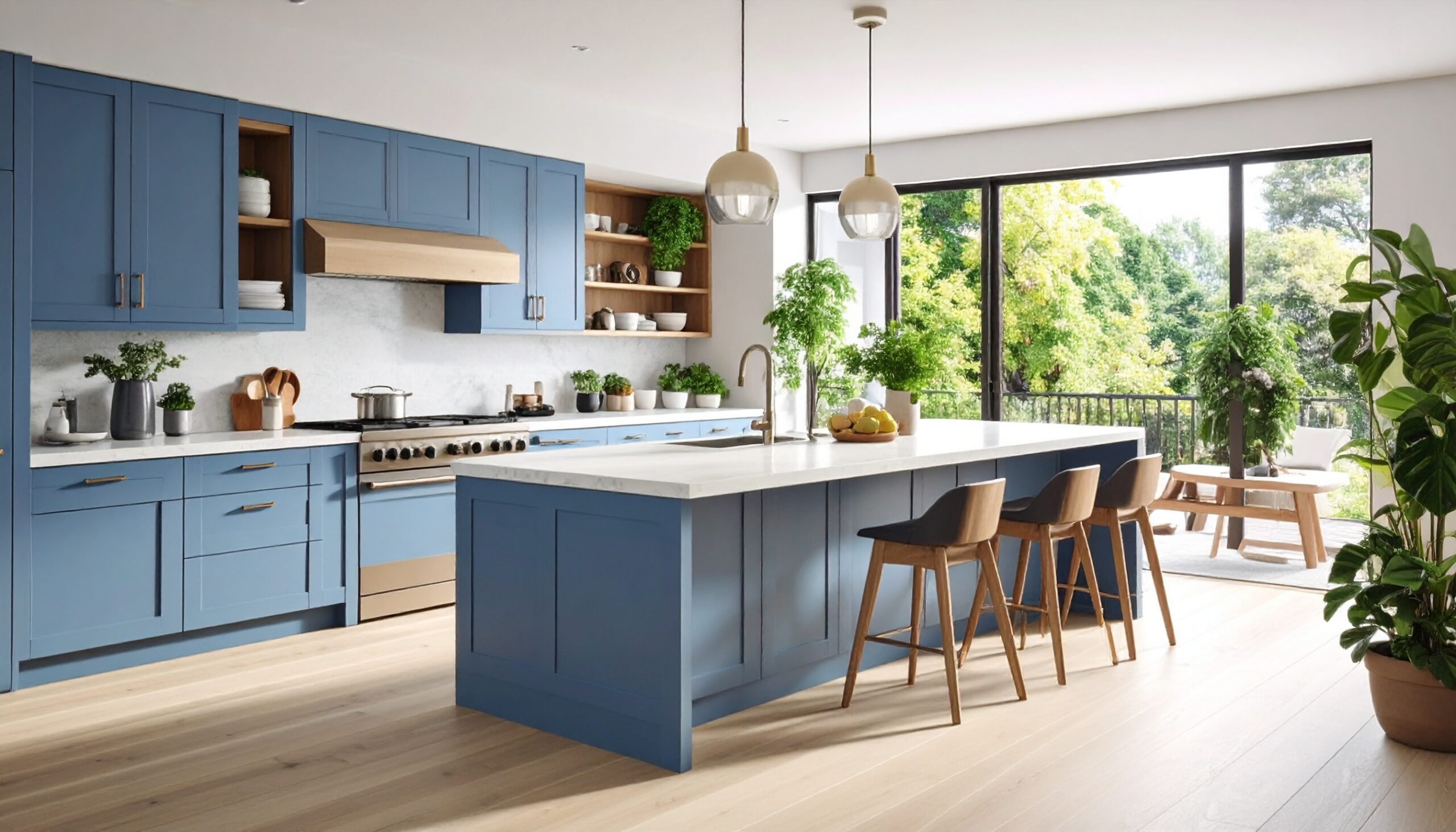 Modern kitchen with wooden dining table, sleek white cabinets, black cooktop, and warm ambient lighting by Simone.