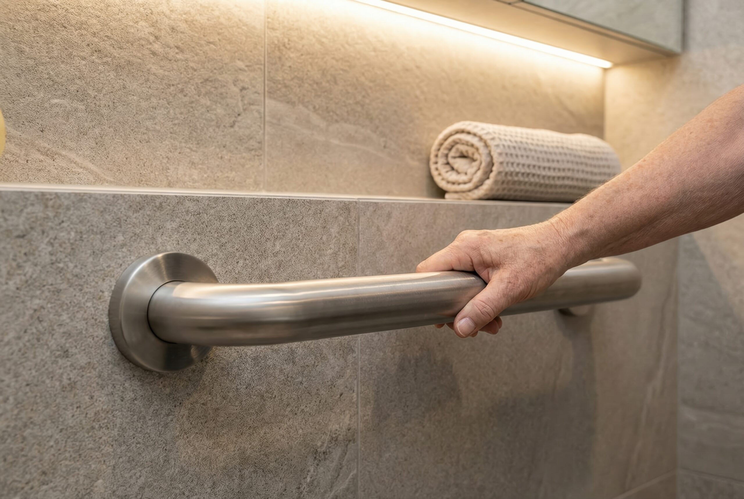 Sturdy Grab Bar in Modern Bathroom Elderly hand holding stainless steel grab bar in modern bathroom with light beige tiles and rolled towel on a shelf