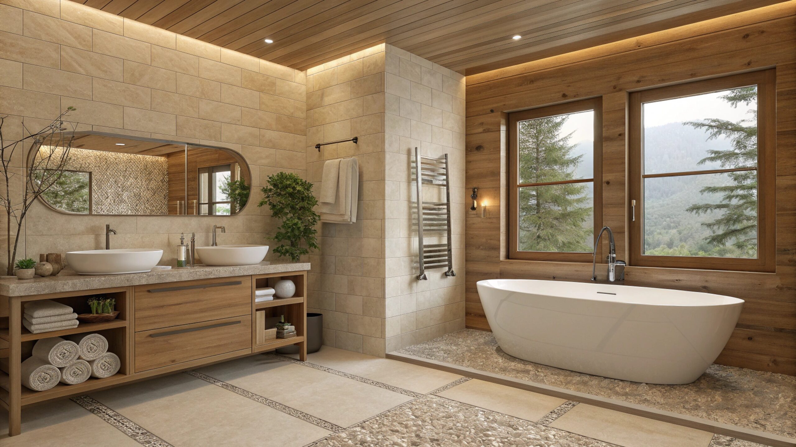 Luxury bathroom with freestanding white bathtub, natural light, gray walls, black tray ceiling, marble flooring, This area GA by Simone Feldman Designs.